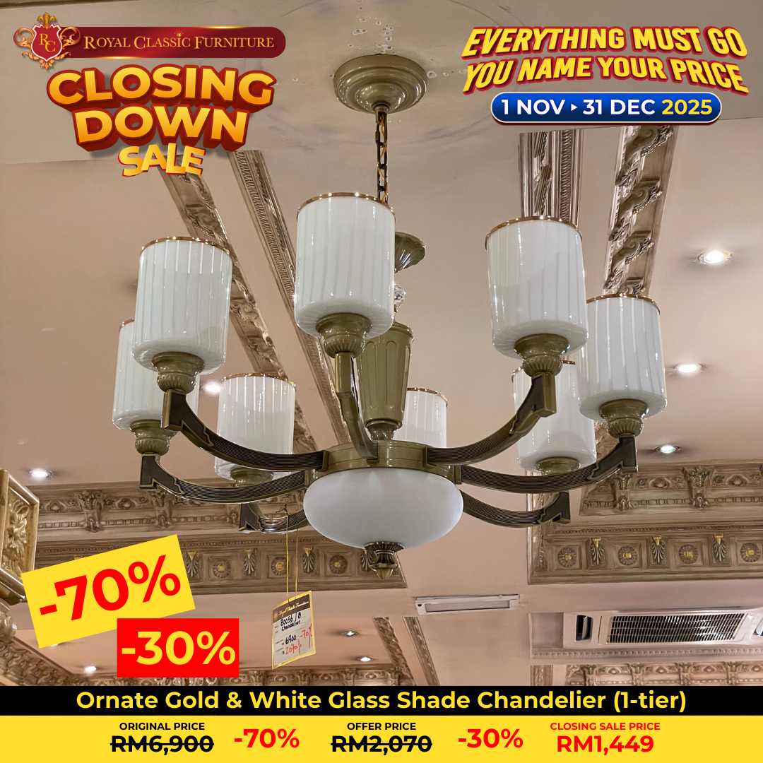 Ornate Gold & White Glass Shade Chandelier (1‑tier)