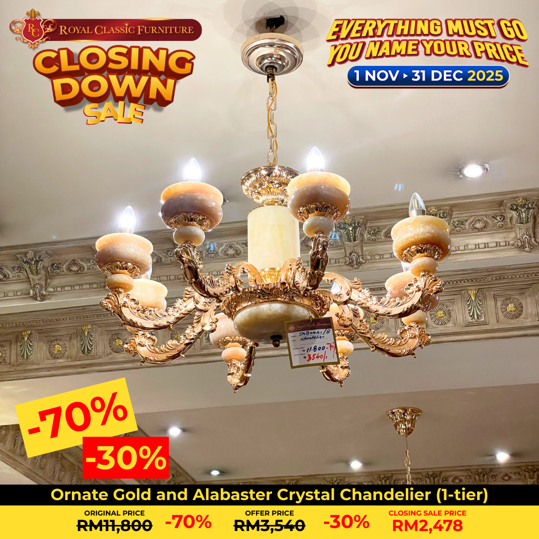 Ornate Gold and Alabaster Crystal Chandelier (1-tier)