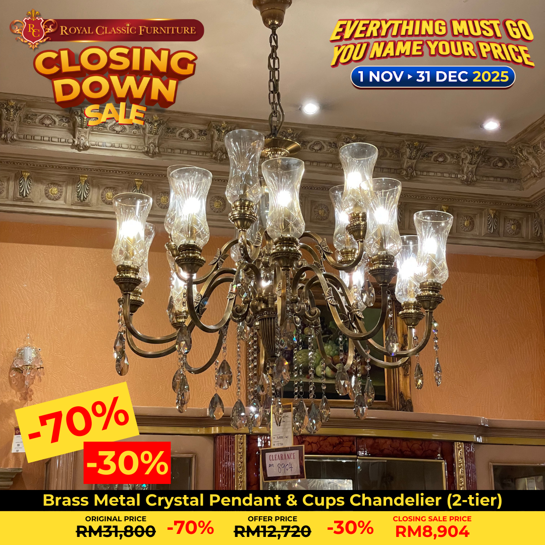 Brass Metal Crystal Pendant & Cups Chandelier (2-tier)