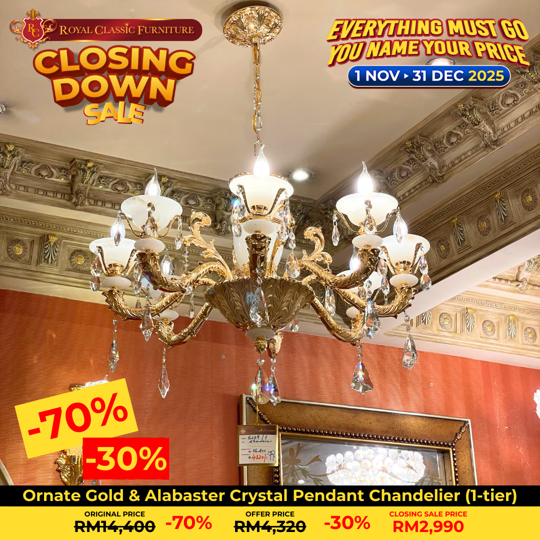 Ornate Gold & Alabaster Crystal Pendant Chandelier