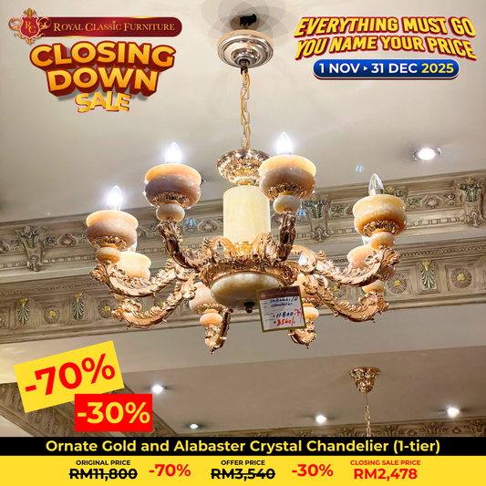 Ornate Gold and Alabaster Crystal Chandelier (1-tier)