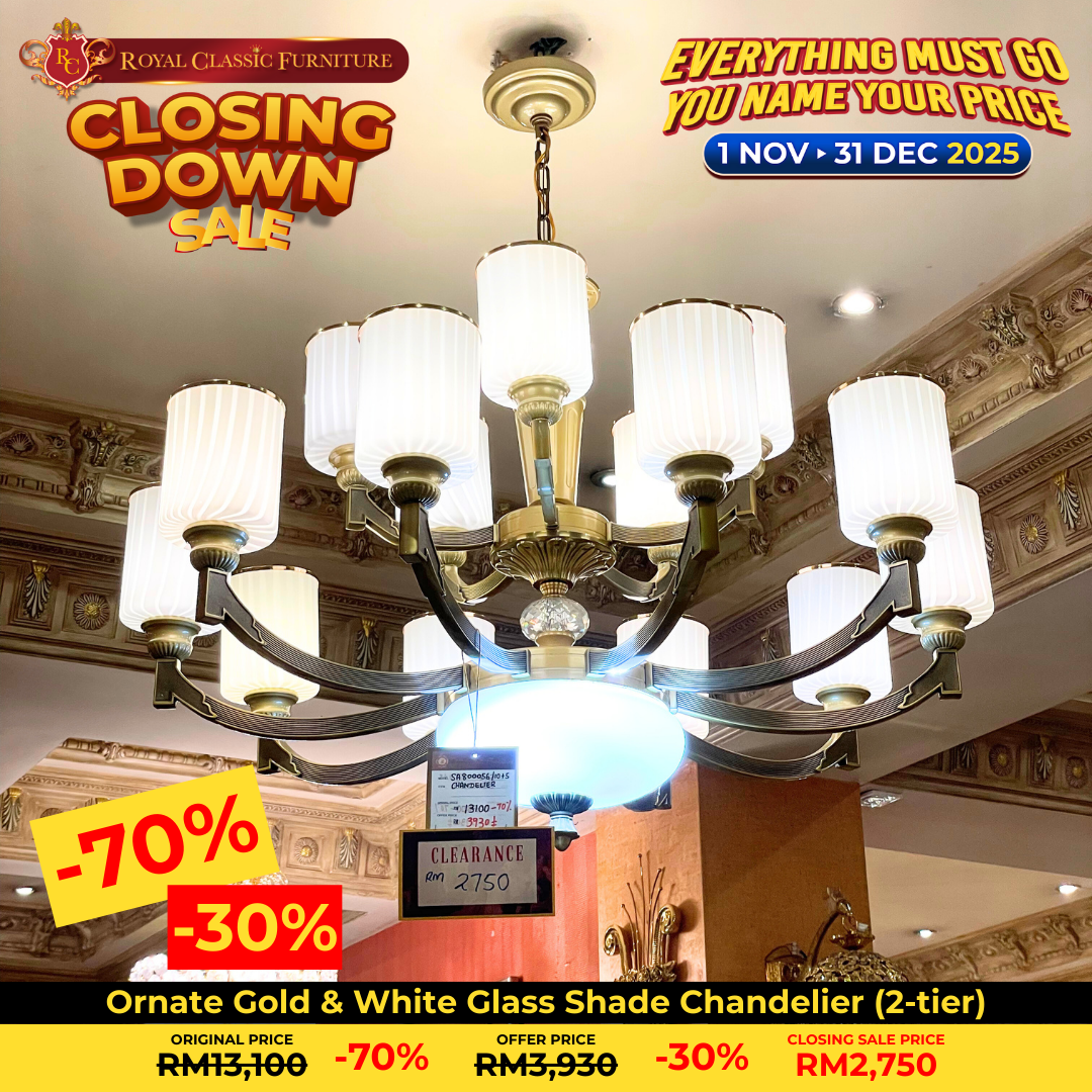 Ornate Gold & White Glass Shade Chandelier (2-tier)