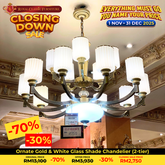 Ornate Gold & White Glass Shade Chandelier (2-tier)