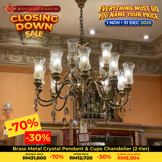 Brass Metal Crystal Pendant & Cups Chandelier (2-tier)