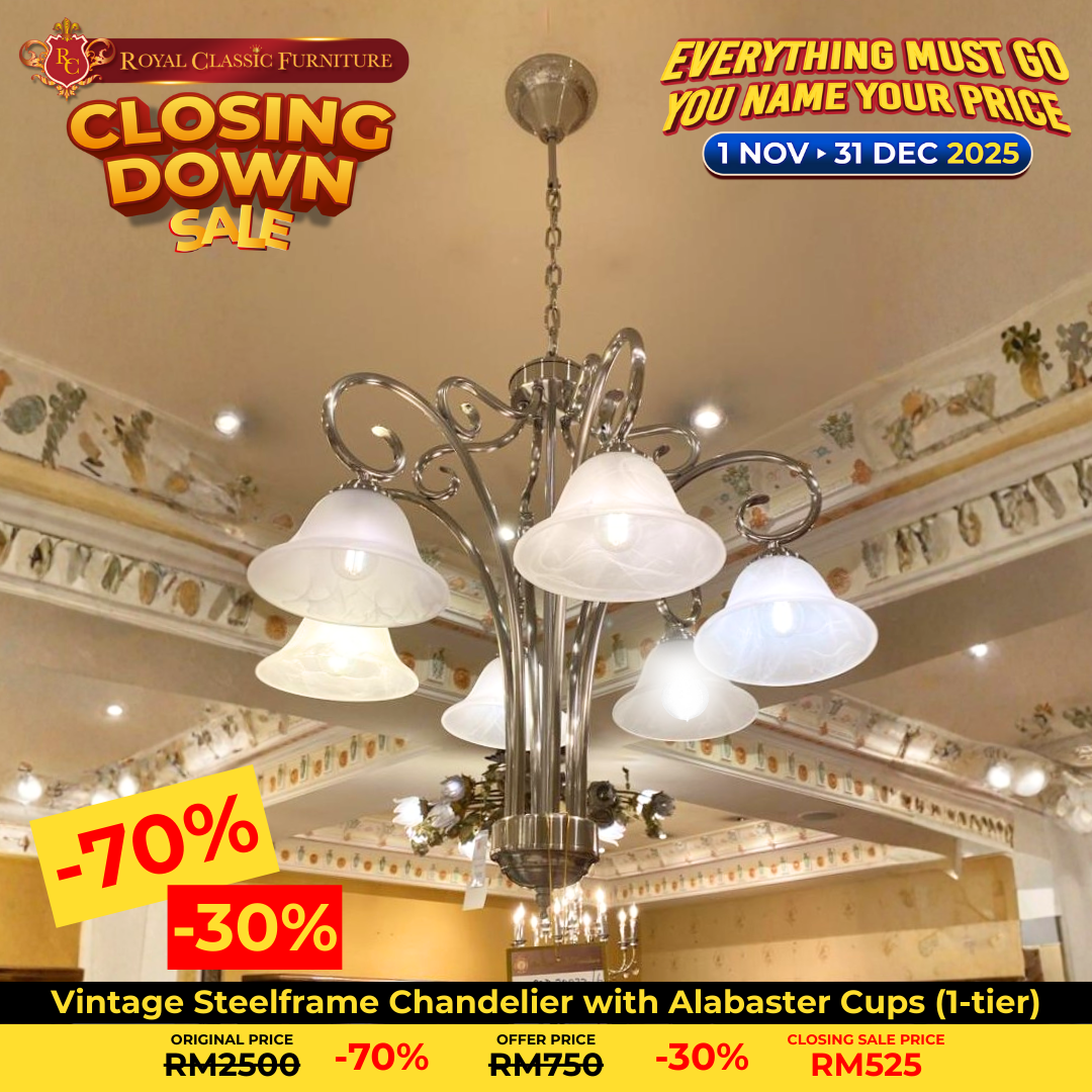 Vintage Steelframe Chandelier with Alabaster Cups (1‑tier)