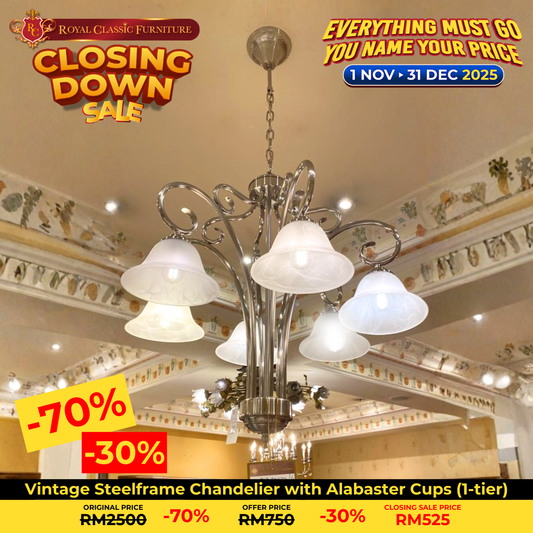 Vintage Steelframe Chandelier with Alabaster Cups (1‑tier)